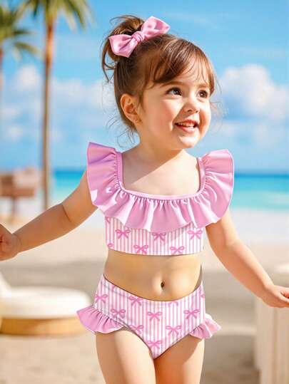 Set de 2 piezas de traje de baño/playa con volantes y estampado de mariposa y rayas para niñas bebé