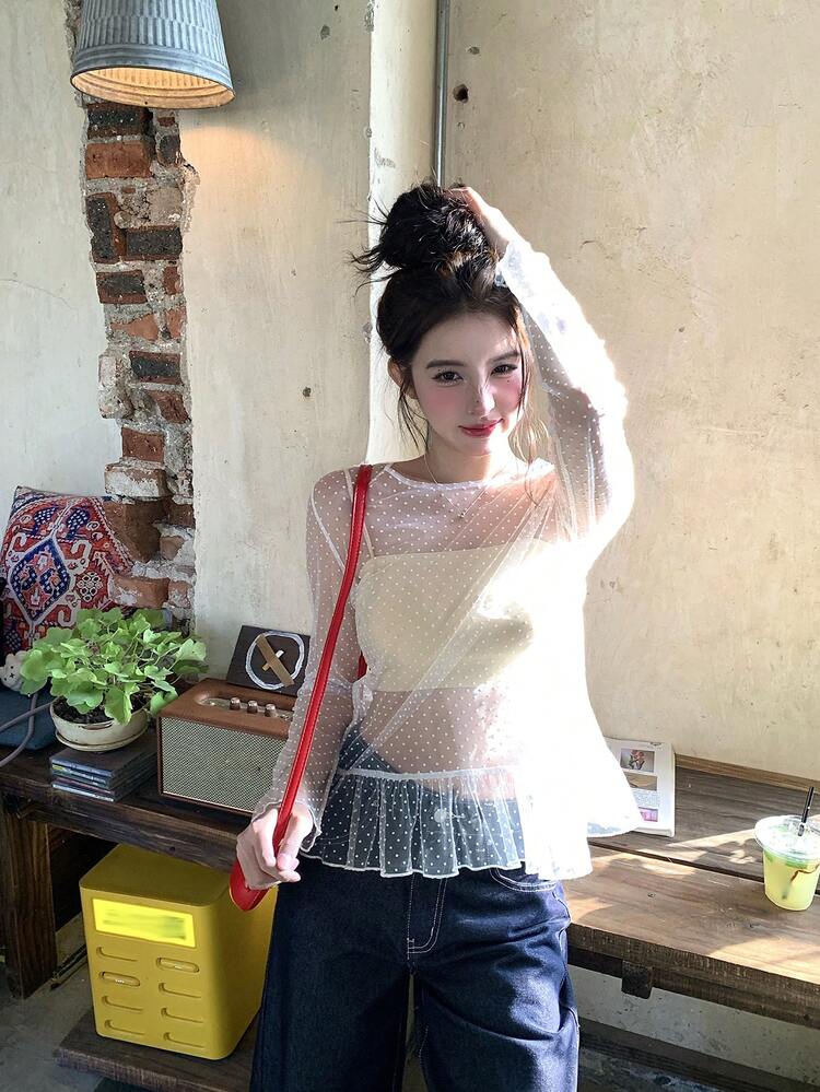 Women's Mock Neck Flocked Polka Dot Ruffle Trim Long Sleeve Blouse