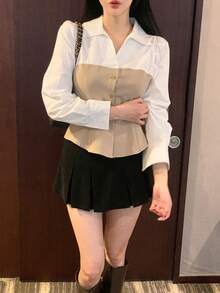 DAZY Women's Elegant Contrast Color Korean Style Long Sleeve Blouse, Spring/Autumn - Khaki - View 5