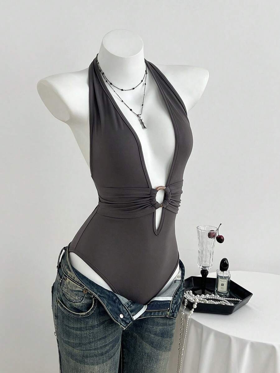 Elamini Women's Deep V-Neck Casual Bodysuit, Spring/Summer - Dark Grey - View 1