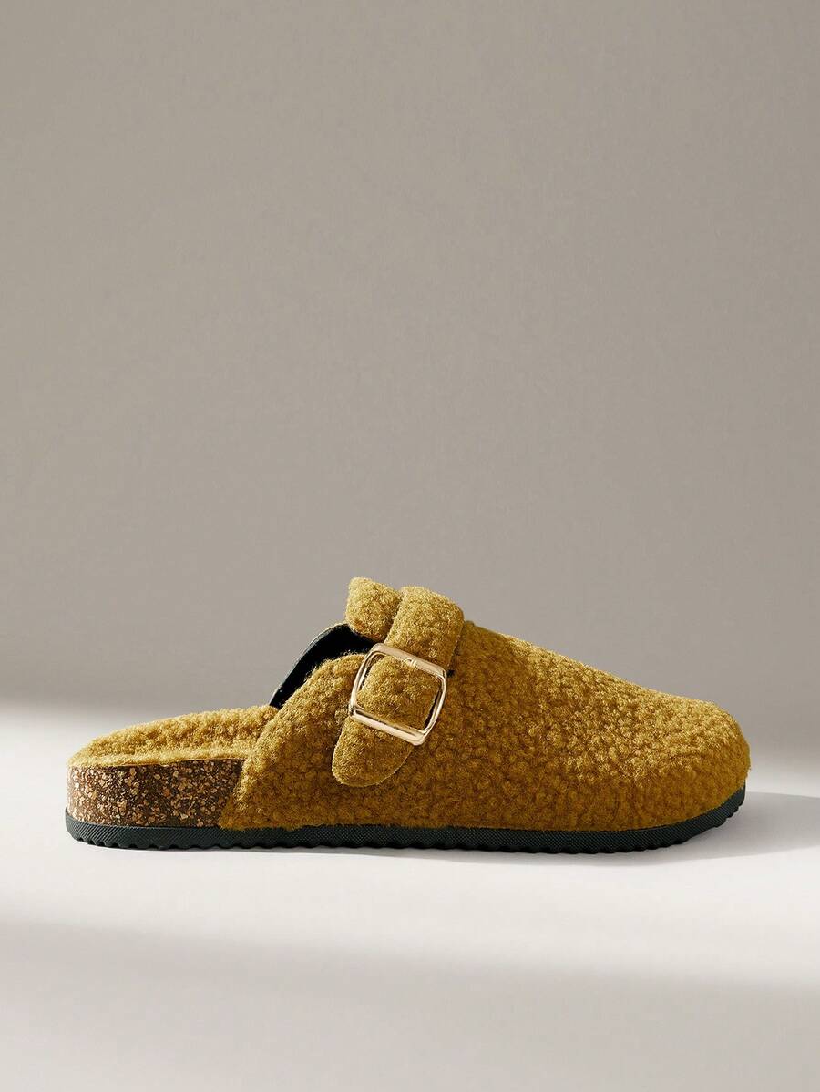 Solecia Women Buckle Design Casual Faux Fur Slip-On Slippers For Christmas - Ginger - View 1