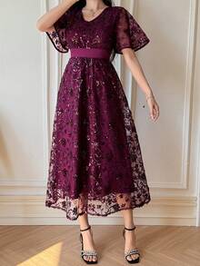 DAZY Elegantes Damen Kleid mit V-Ausschnitt und Pailletten in Knielänge, Sommerkleid für Hochzeitsgäste - Heißes Pink - Übersicht 5