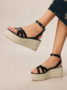 Styleloop Women's Straw Rope Criss-Cross Strap High Heel Round Toe Sandals Valentine's Day - Black - View 3