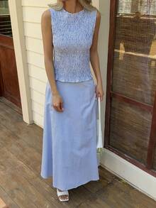 Livesso 女士春夏蓝色条纹吊带背心套装，饰有荷叶边，搭配同色直筒半身裙，优雅百搭，适合休闲、海滩、婚礼、约会等场合。 - 藍色 - 查看 2