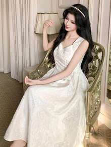 DAZY 女士优雅印花无袖中长连衣裙，夏季 - 米色 - 查看 1