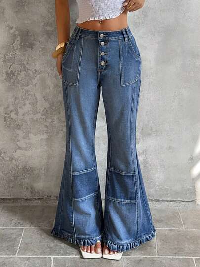 SHEIN Women's Casual Washed Low Waist Flare Jeans