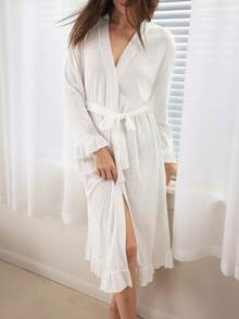Ocili 100% Cotton Comfortable Elastic Jacquard Knit Striped Textured Waffle Robe With Tie Belt, Women Loungewear - White - View 5