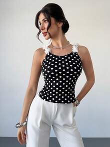 RiviMae Women's Summer Polka Dot Applique Camisole - Black and White - View 2