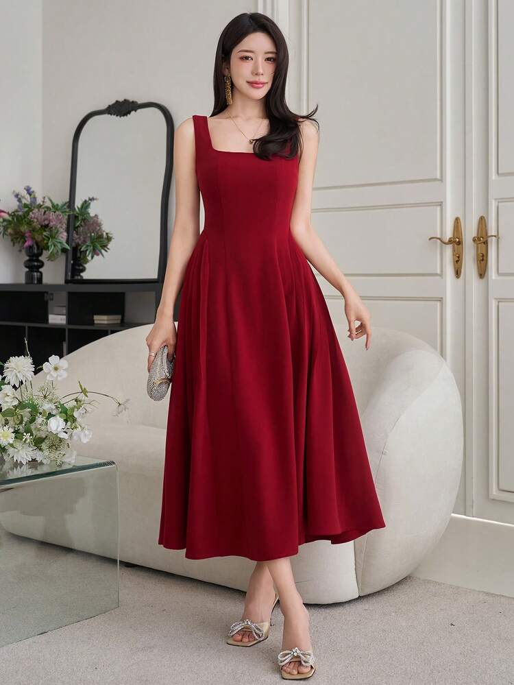 Women's Elegant Solid Color Square Neck Sleeveless Mid-Length Dress, Summer Wedding Guest Dress Sundress