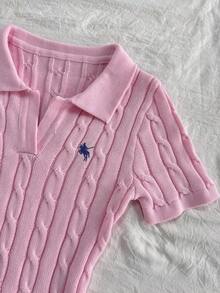 SHEIN Clasi Women's Elegant Fashion Versatile Pink Polo Collar Embroidered Short Sleeve Knit Sweater Dress, Spring/Summer - Baby Pink - View 4