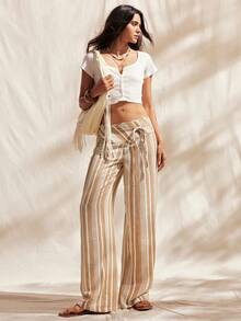 Easelle Striped Print Knotted Casual Loose Wide Leg Pants Bohemia Summer Spring  Beach Pants  Vacation Outfits Women Khaki Loose And Comfortable - Butter Yellow - View 3