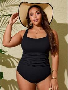 Swim Lushoire Áo tắm liền thân cỡ lớn với cổ tròn, phần bụng xếp ly, chất liệu vải gân màu đen, thiết kế trưởng thành dành cho phụ nữ, thích hợp cho kỳ nghỉ hè và đi biển. - màu đen - Xem 5
