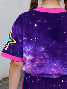 SHEIN 2件套少女休闲运动风韩流卡通女孩字母星空印花短袖上衣和短裤套装，适合夏季和返校季 - 彩色 - 查看 3