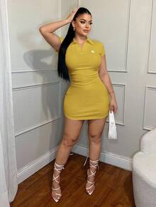 SHEIN SXY Đầm công sở cổ bẻ thêu họa tiết, kiểu dáng thường ngày - Màu vàng - Xem 3