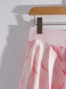 GlowEve Marble Tie-Dye Pleated A-Line Midi Skirt, Elegant French Style, Waist Cinched Design, Versatile For Vacation, Date, Commute - Pink - View 3