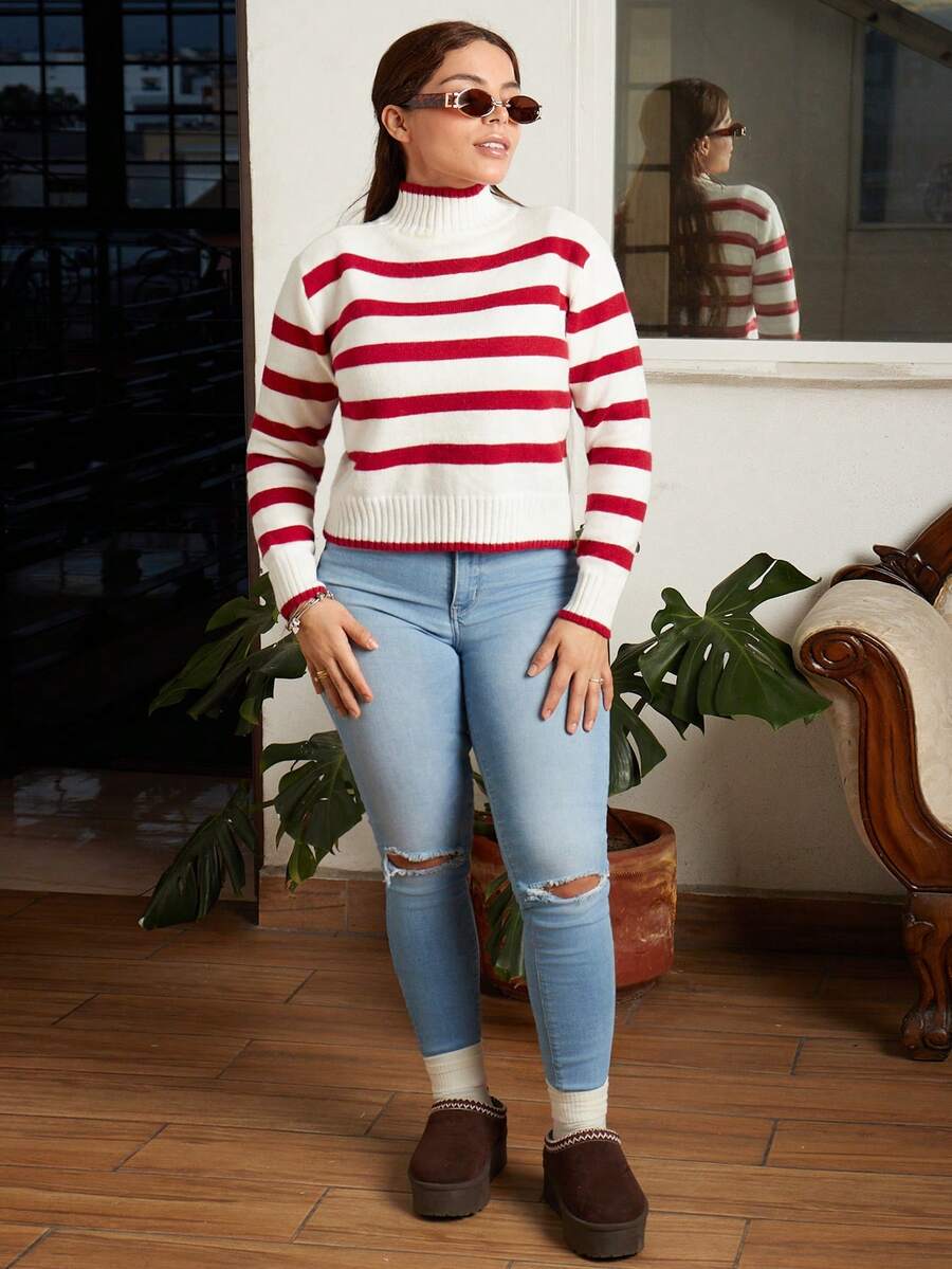 Lupita Cardoza 女式休闲拼色条纹立领毛衣，秋冬 - 紅白色 - 查看 1