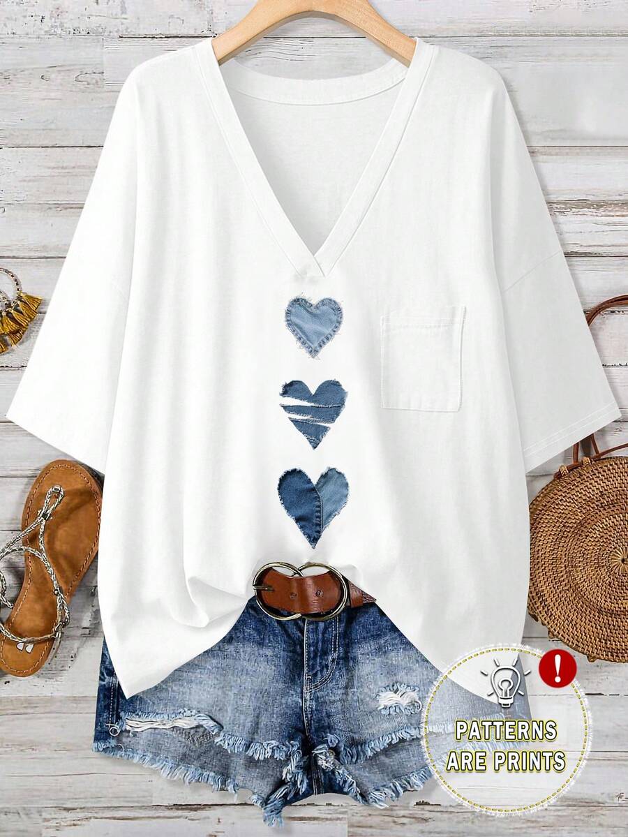 EMERY ROSE Plus Size Women's Casual Loose V-Neck T-Shirt With Blue Heart Print, Suitable For Summer, White - Multicolor - View 1