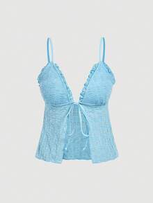 SHEIN MOD 女士纯色荷叶边吊带比基尼套装 - 藍色 - 查看 9