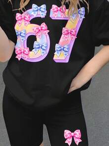 两件套少女休闲数字蝴蝶结装饰短袖T恤和短裤套装，适合音乐节、校园、街头、户外野餐、郊游、街头摄影、居家穿着。 - 黑色 - 查看 4