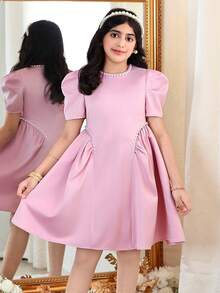 SHEIN Tween Girl Spring/Summer Elegant Beaded Pink Petal Sleeve Leg-Of-Mutton Short Sleeve Dress Tween Girl - Pink - View 3