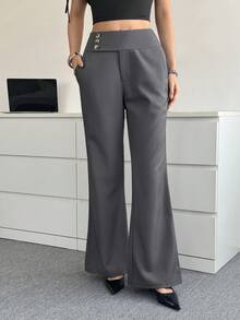 Modelyn Women's Solid Color Waist Button Design Pocket Straight Leg Casual Pants, Suitable For Work Gray Pants Office Pants Business Pants Business Casual Women Pants Elegant Pants For Women - Grey - View 3