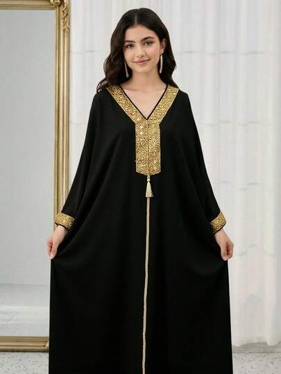 Teen Girls' Gold Trimmed Patchwork Long Robe Dress, Suitable For Parties, Outings, And Holidays Islamic Dress Embroidered Abaya Abaya For Women Black Abaya Muslim Dress Abaya Dress Teenager Abaya Children's Arab Clothing, Girls' Islamic Children's Clothing Abaya Set Thobes For Kid Girls Children's Arab Clothing, Children's Islamic Children's Clothing, Children's Abaya Set Girls Abaya Arabian Dresses For Girls Long Modest Dresses For Girls And Ladies Teenager Dress Abaya