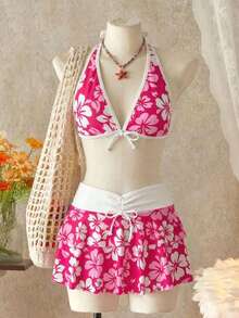 SHEIN 少女三件套：印花拼接撞色露背比基尼套装和迷你裙，适合海滩度假 - 玫紅色 - 查看 1