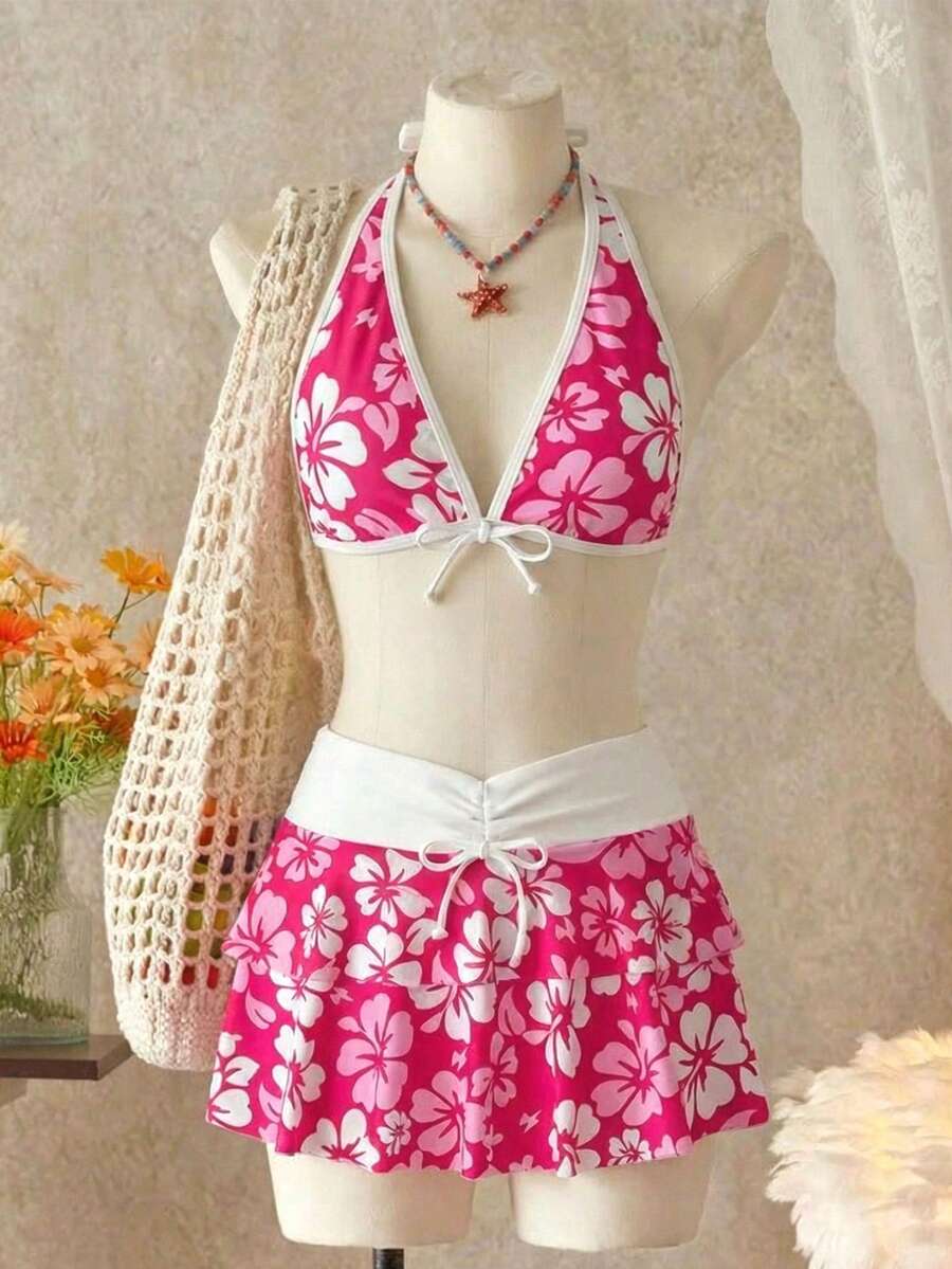 SHEIN 少女三件套:印花拼接撞色露背比基尼套装和迷你裙,适合海滩度假 - 玫紅色 - 查看 1
