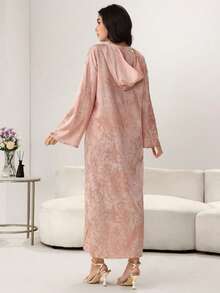 Yasmyna 女士春夏粉色梭织印花长袖连帽优雅土耳其长裙和阿拉伯传统长袍 - 粉色 - 查看 2