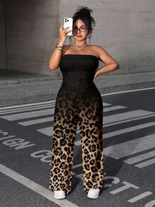 Dripcurv Multicolor Plus Size Strapless Sleeveless Fabric Random Print Leopard Jumpsuit With Backless Detail - Multicolor - View 5