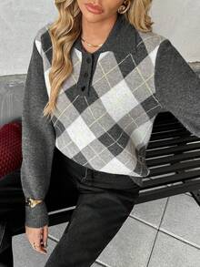 Pariaura Women's Retro Diamond Pattern Polo Collar Casual Pullover Sweater, Chic & Versatile, Suitable For Early Autumn/Winter - Multicolor - View 6