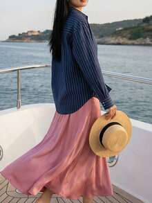 Solavon 女士条纹印花纽扣前开襟休闲长袖衬衫 - 藍色 - 查看 5