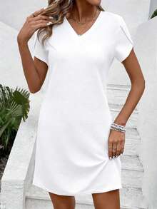 EMERY ROSE Women's Casual Solid Color V-Neck Petal Sleeve Dress - White - View 6