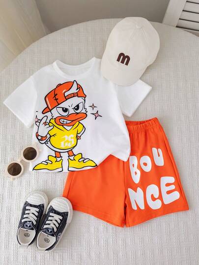 SHEIN 2件套男女宝宝可爱动物印花短袖T恤和短裤套装，男宝宝套装，街头风，春夏款