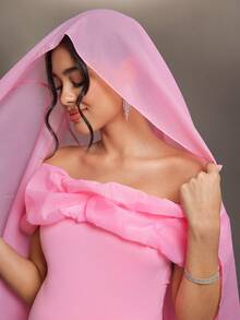 Cheriluna Maternity 优雅单肩花卉图案网纱长裙，孕妇写真风格 - 粉色 - 查看 6