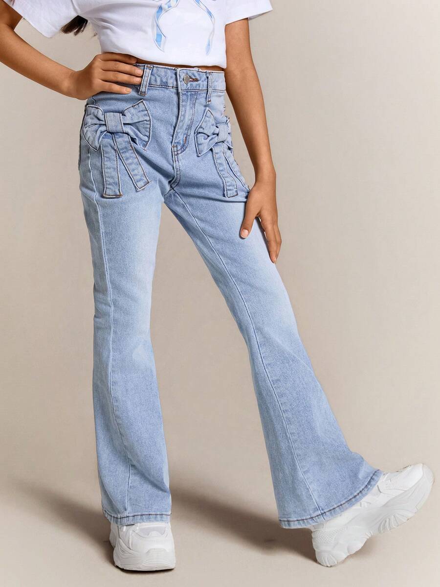 Radiana Vintage Blue Denim Bowknot Pocket Design Flared Pants For Tween Girl,Girls Summer Brunch Church Graduation Party Outfits,Streetwear,Girls Summer Beach Boho Vacation Shorts, Summer Concert Festival Casual Rave Outfits, Girls Summer Brunch Church Graduation Outfits,Streetwear,Back To School Outfits,Back To School Outfits, Flare Jeans, Jeans With Bows, Jeans For Teens, Bow Jeans, Light Wash Jeans - Light Wash - View 1