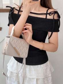 FRIFUL Women's Summer/Spring Solid Color Tie Bow Slim Fit Versatile T-Shirt Off The Shoulder - Black - View 2