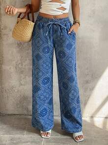 SHEIN Women's Casual Vacation All-Over Print Straight Leg Jeans - Blue - View 5