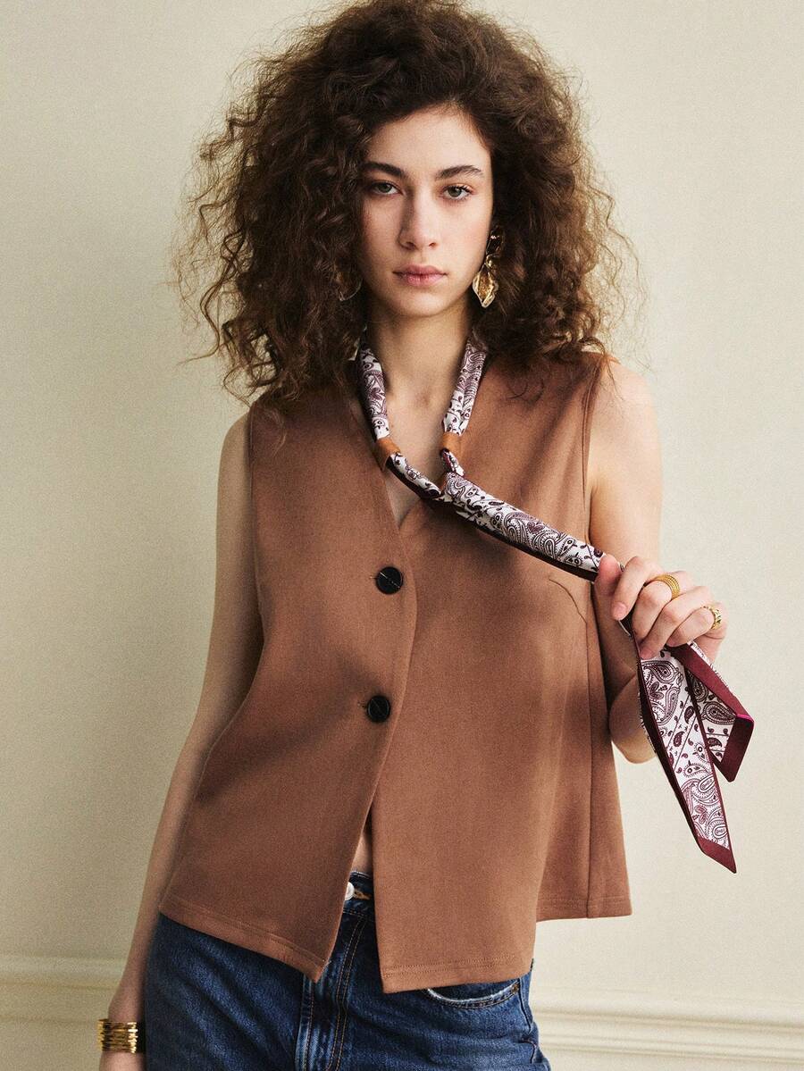 Écloséra 法式复古丝带印花纽扣装饰背心 - 駝色 - 查看 1