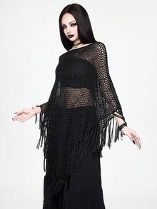 ROMWE Goth Western Boho Asymmetrical Fringe Design Hollow Sheer Poncho Sweater - Black - View 4