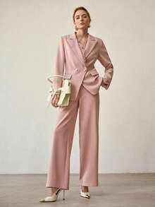 MOTF PREMIUM 优雅撞色蕾丝修身喇叭裤，春夏款 - 粉色 - 查看 2