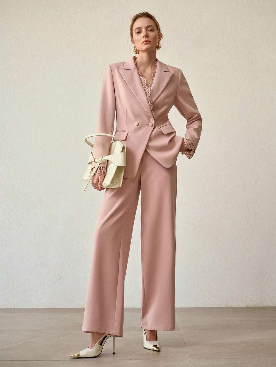 MOTF PREMIUM 优雅撞色蕾丝修身喇叭裤，春夏款 - 粉色 - 查看 2