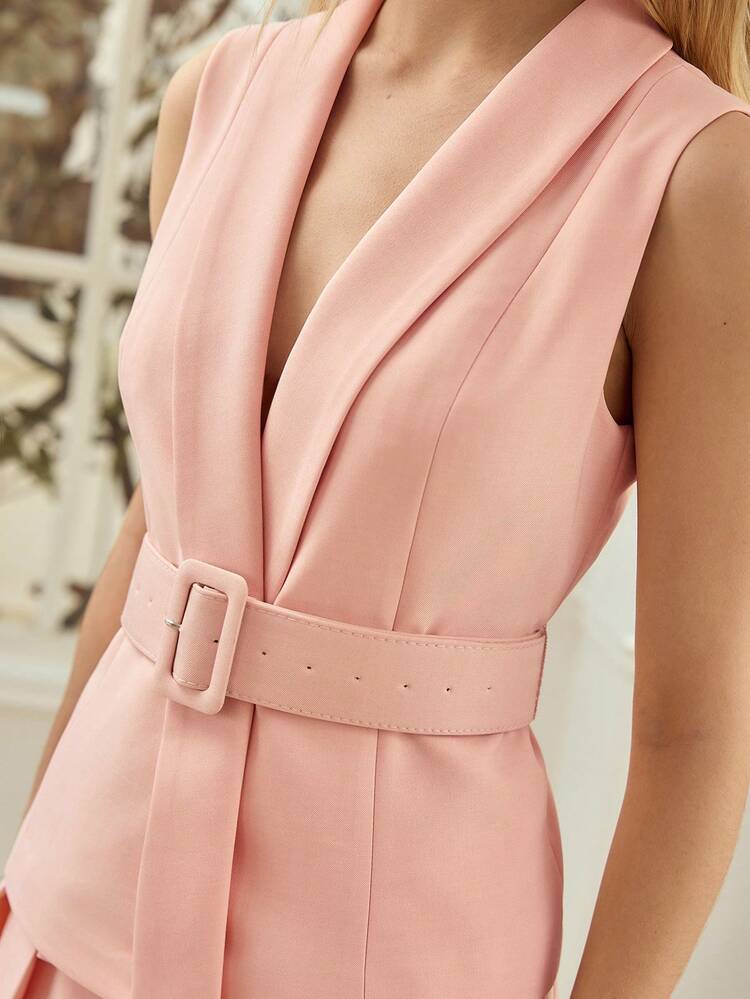 WOMEN'S SLEEVELESS BELTED MATCHING TOP + PLEATED MIDI SKIRT, COMMUTER OUTFIT