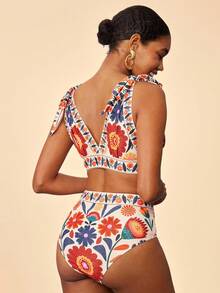Travachic 女士印花扭结前襟性感比基尼泳衣套装，夏季沙滩 - 彩色 - 查看 2