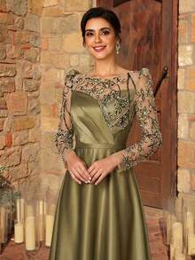 Serin 优雅奢华的珍珠串珠花卉亮片刺绣泡泡袖缎面褶皱A字连衣裙，适合婚礼、派对、度假、舞会、新娘母亲晚礼服 - 軍綠色 - 查看 1