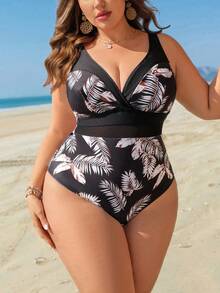 Swim Lushoire Plus Size Women's V-Neck Leaf Print Mesh Patchwork One-Piece Swimsuit, Suitable For Beach, Spring/Summer - Multicolor - View 1