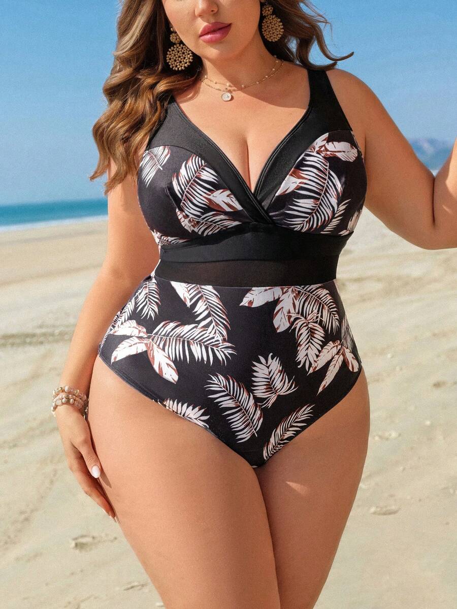 Swim Lushoire Plus Size Women's V-Neck Leaf Print Mesh Patchwork One-Piece Swimsuit, Suitable For Beach, Spring/Summer - Multicolor - View 1