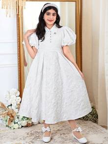 SHEIN Vestido casual y elegante para niñas preadolescentes de primavera/verano con estampado floral de jacquard, decoración de moño, cuello con strass, falda acampanada y mangas abullonadas, color blanco, adecuado para el Día de San Valentín, bodas y fiestas - Blanco - Ver 5