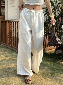 DAZY Pantalones de pierna ancha con cintura elástica y encaje de contraste, ropa casual de vacaciones para mujeres, primavera/verano - Blanco - Ver 4