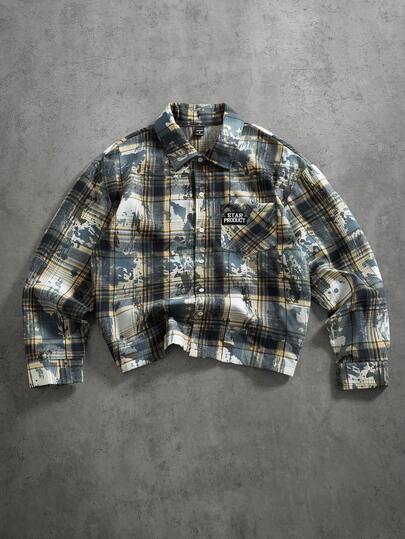 PAVTROS Men's Letter & Patch Print Long Sleeve Single-Breasted Casual Pocket Shirt